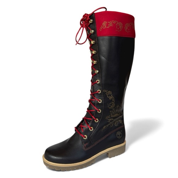 NWOT Timberland Black Leather Red Satin Gold Detail Lace Up Boots Size 6 - Picture 2 of 12